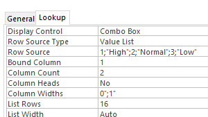 Table with Lookup properties including Display Control: Combo Box; RowSource Type: Value List; Row Source: 1;High;2;Normal;3;Low; Bound Column: 1; Column Count: 2; Column Heads: No.