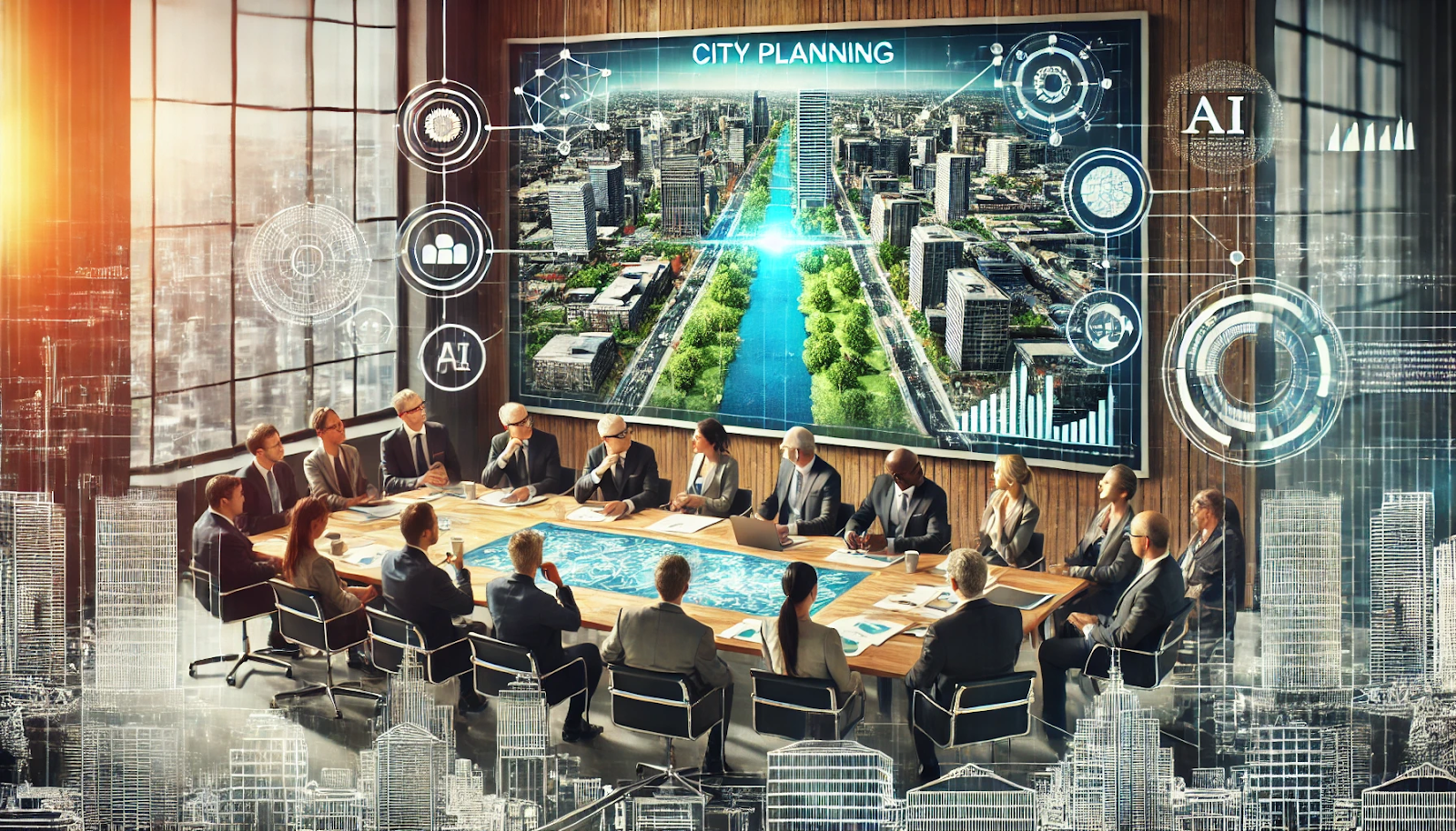 An urban planning meeting room with diverse community members and planners discussing city layouts on a digital screen. The screen shows AI-driven models of city planning, while the room includes a mix of business professionals and local community members, emphasizing the collaboration between AI technology and human expertise in urban development.