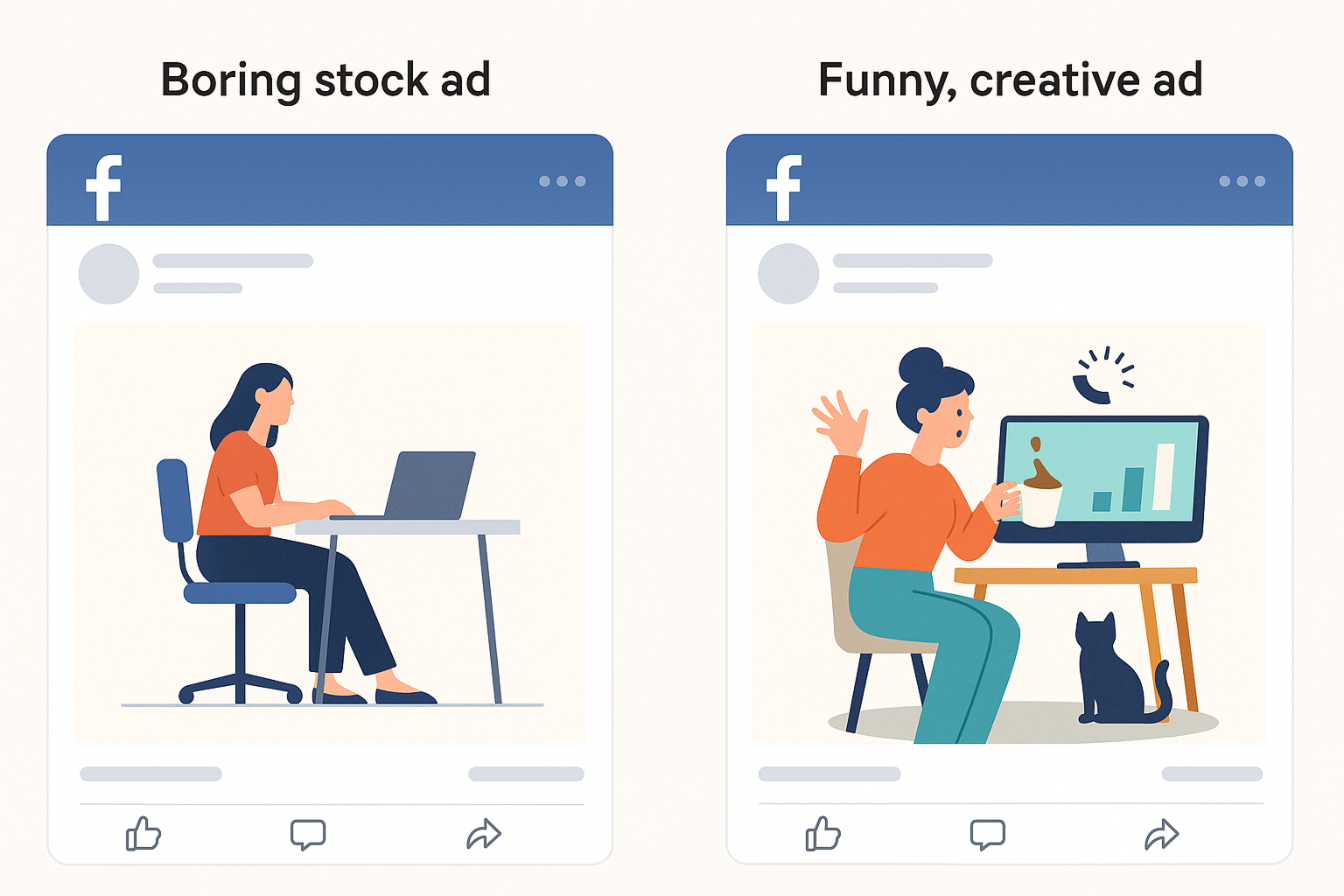An illustration showing examples of a boring and creative Facebook ad 