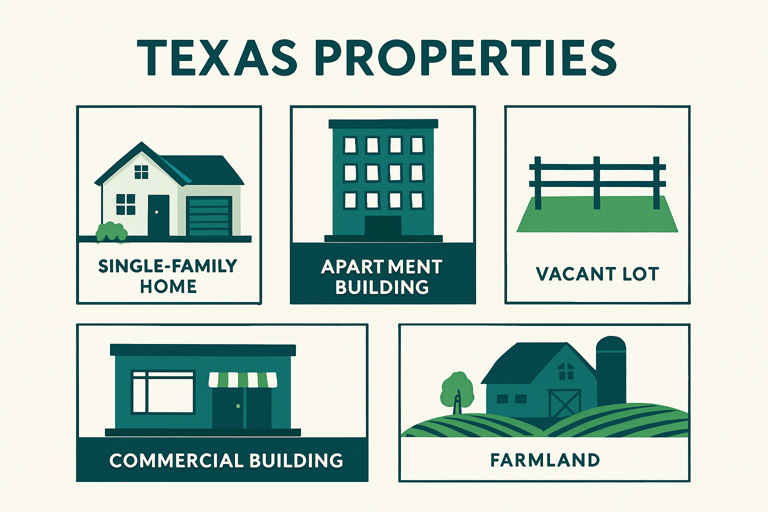 Five different Texas property types shown representing the main property classifications