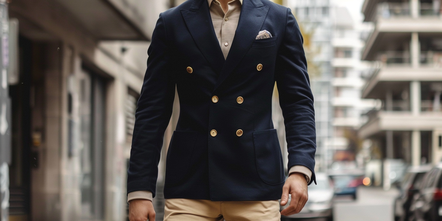 a man wearing a tailored navy blazer with gold buttons, beige chinos, and loafers, standing in a modern city street, clean business-casual style, soft natural lighting