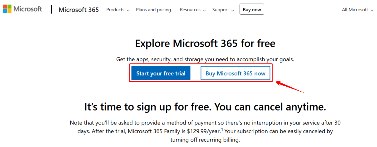 Microsoft 365 promotional page offering free trial and purchase options. Blue buttons labeled 'Start your free trial' and 'Buy Microsoft 365 now