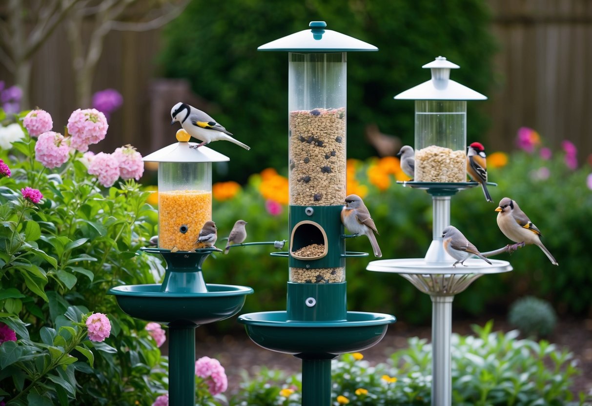 Bird feeders and birdbaths surrounded by blooming flowers and lush greenery in a late winter garden. Various bird species are perched and feeding on seeds and nectar