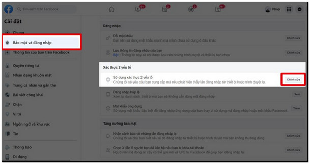 nhấn vào mục chỉnh sửa ở mục xác thực 2 yếu tố
