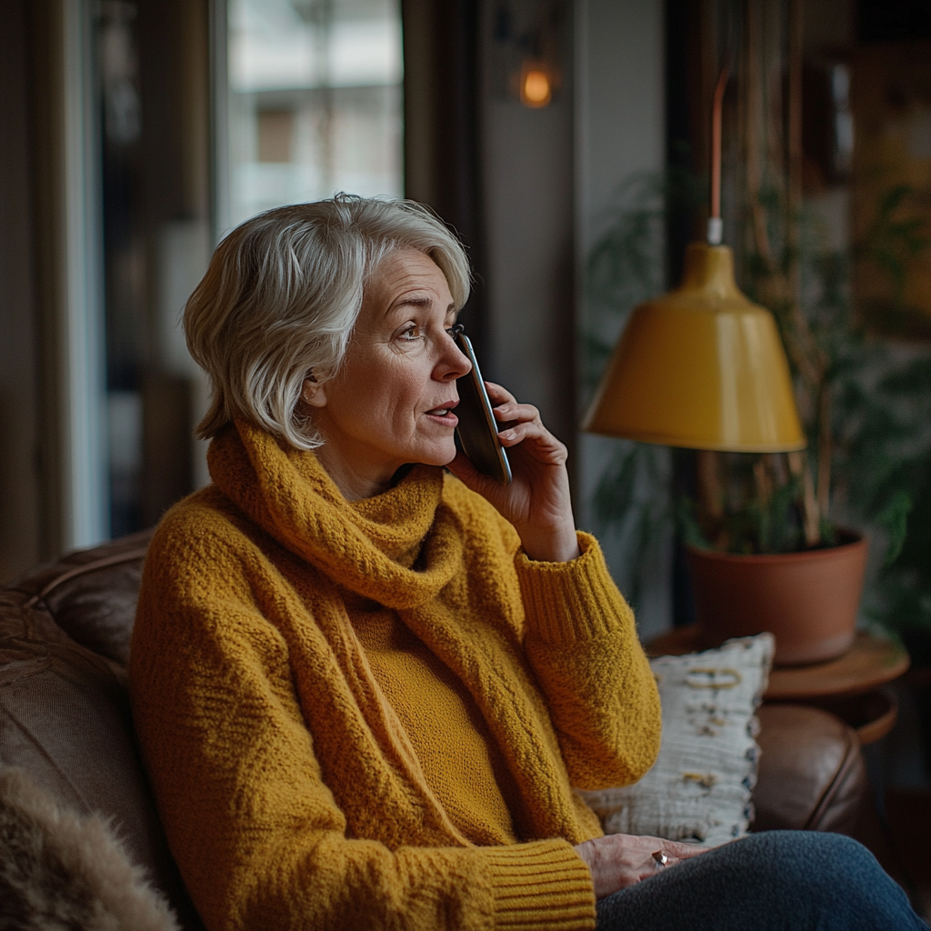 A middle-aged woman talking on her phone | Source: Midjourney