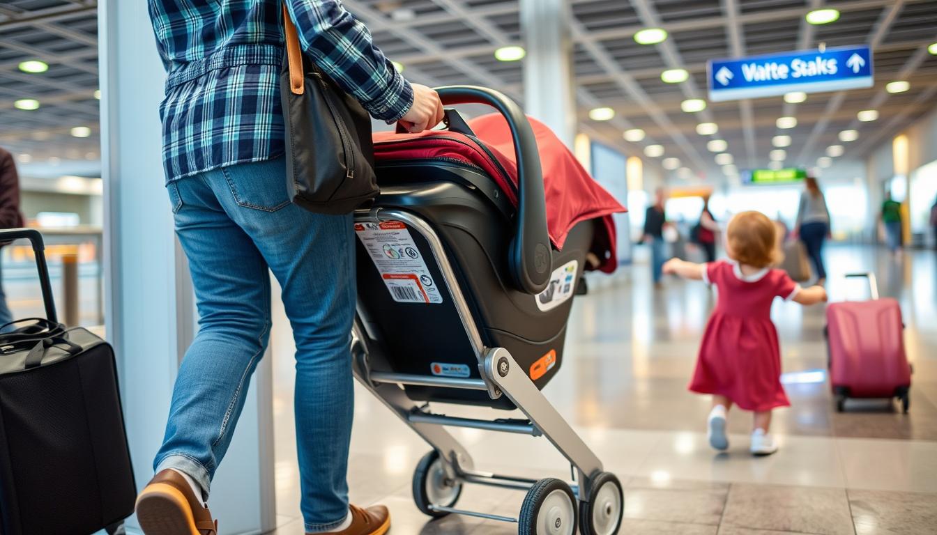 Parent using car seat travel cart to transport car seat through airport