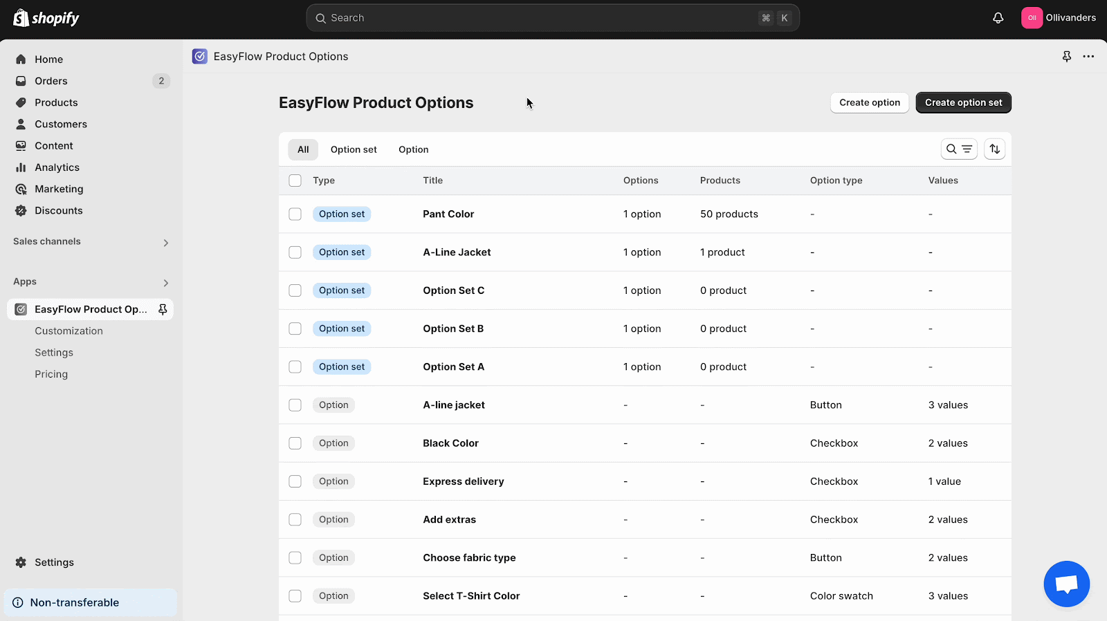 Option set for products