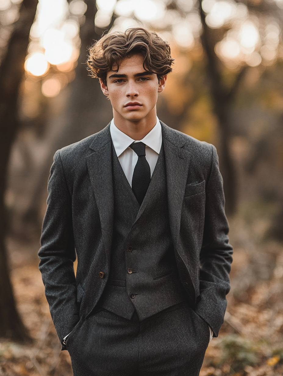 
young men standing in Charcoal gray suit, classic and refined, perfect for formal fall and winter weddings, ideal for evening events and black-tie settings, versatile for both daytime and evening, sophisticated look, timeless elegance, sleek and polished, perfect for formal occasions