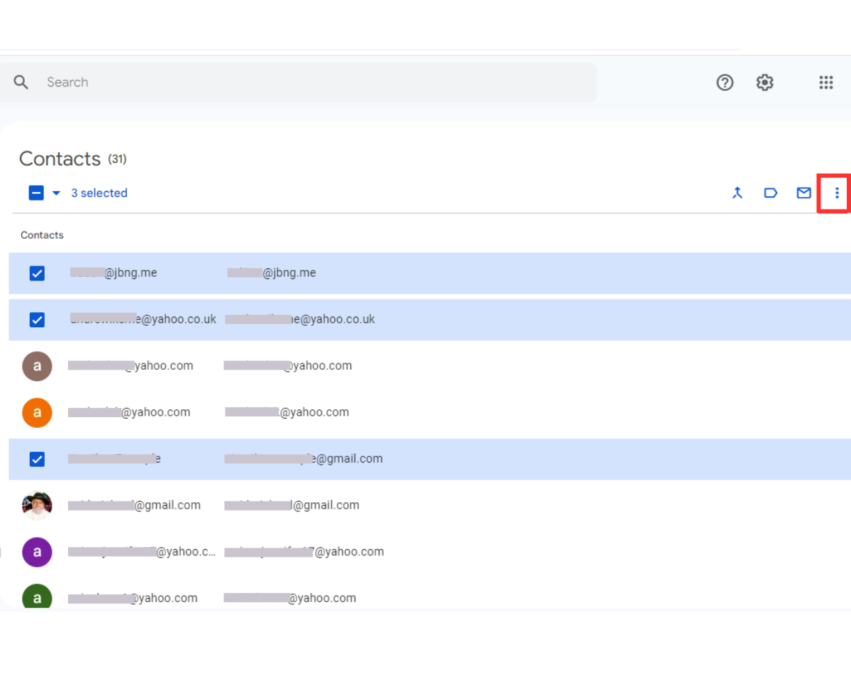 How to delete multiple contacts in Gmail: In Google Contacts, select all the contacts and click the More actions icon at the top