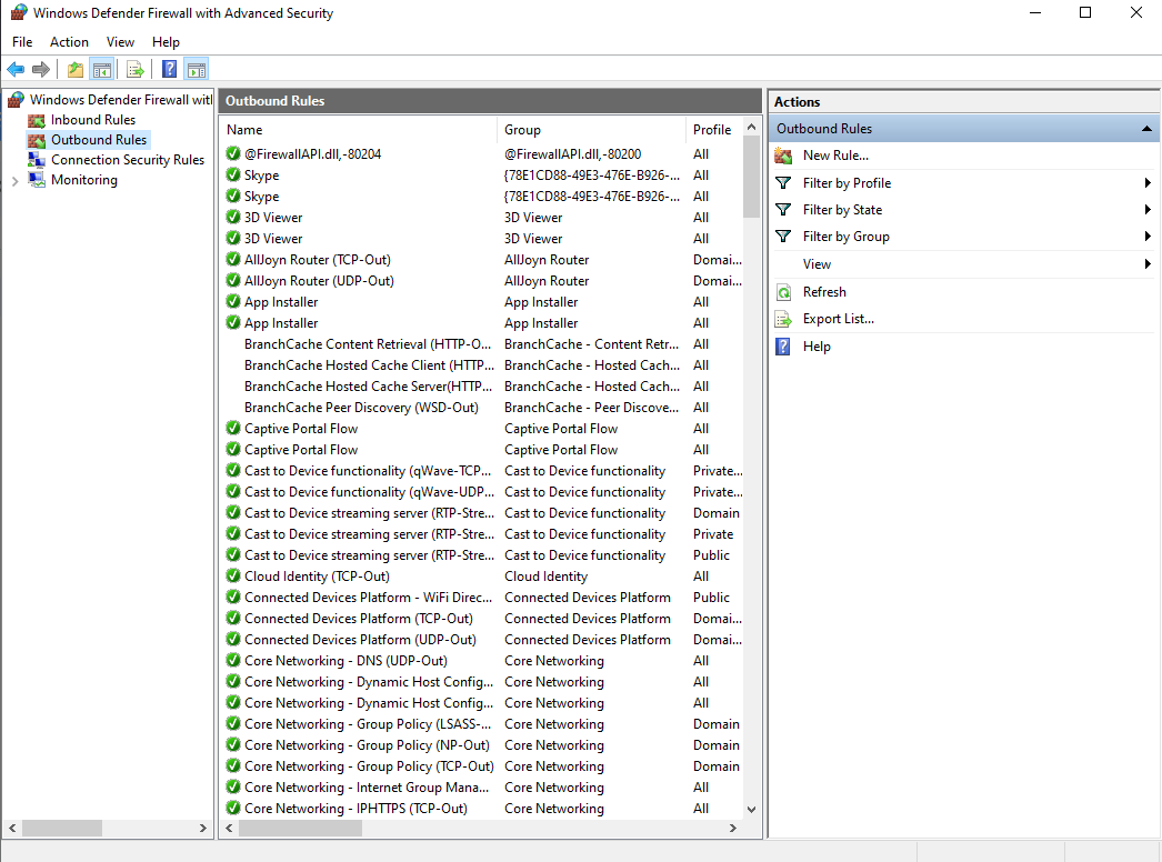 Windows defender outbound rules
