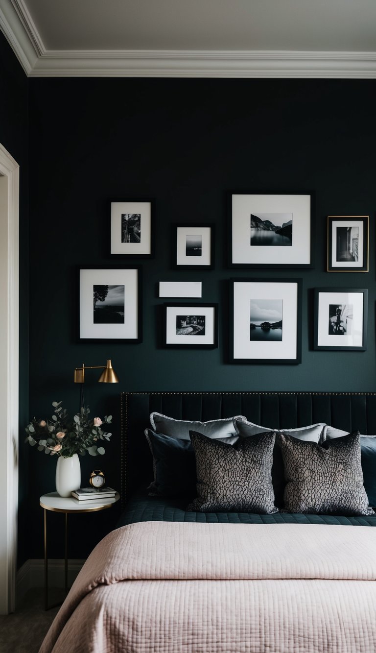 A dark, feminine bedroom with sable picture frames on the walls