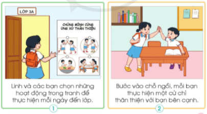 TUẦN 3LỚP HỌC THÂN THIỆN CỦA CHÚNG EM1. Nhận xét và chia sẻKể chuyện về lớp học của bạn Linh.Nêu những điểm giống và khác nhau giữa lớp học của em và lớp học của bạn Linh.Giải nhanh:  Bạn Linh là học sinh của lớp 3A. Mỗi ngày khi đến lớp, Linh và các bạn sẽ chọn những hoạt động trong tranh để thực hiện. Ngoài ra, khi bước vào chỗ ngồi, mỗi bạn sẽ thực hiện một cử chỉ thân thiện với bạn bên cạnh như đập tay, chào hỏi,... Vì thể buổi học nào của lớp Linh cũng diễn ra trong sự vui vẻ, thân thiện.2. Xây dựng lớp học thân thiệnChia sẻ những việc làm để xây dựng lớp học thân thiện.Vẽ biểu tượng trang trí lớp học để nhắc nhở các bạn cùng xây dựng lớp học thân thiện.Giải nhanh:  - Chia sẻ, giúp đỡ nhau trong học tập, thái độ vui vẻ, hoà đồng.CẢM NGHĨ VỀ LỚP HỌC THÂN THIỆN