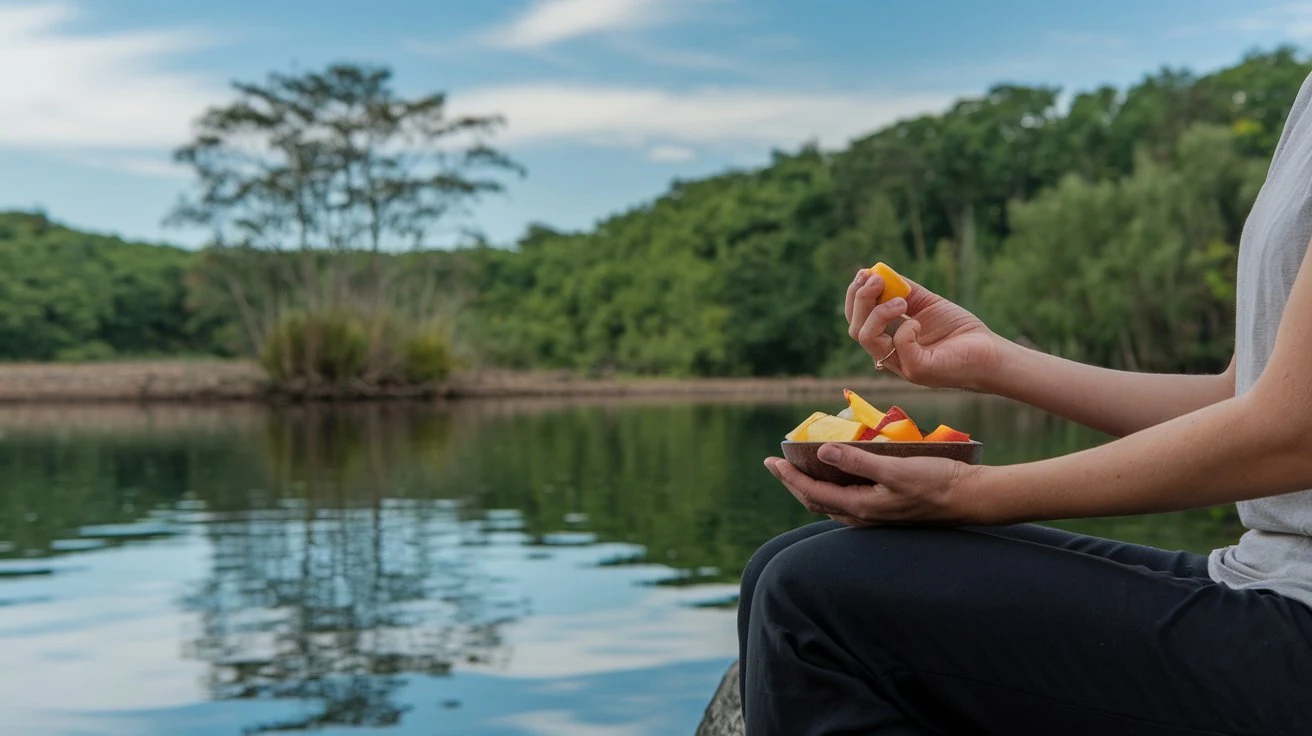 A person sitting calmly while eating a small bowl of fresh fruit, representing mindful eating.