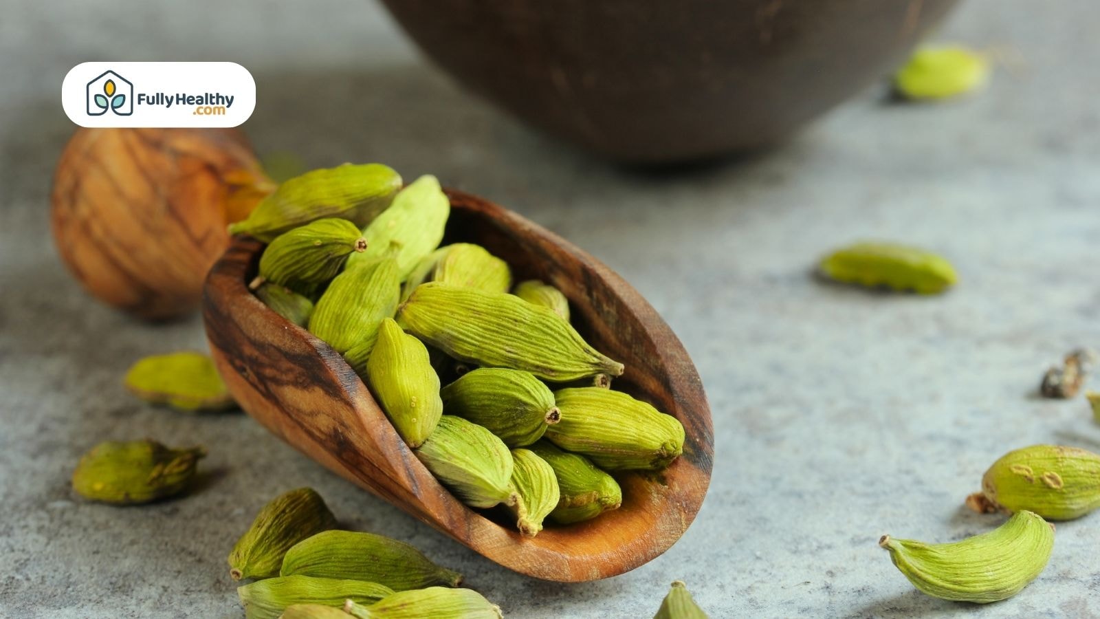 Green cardamom pods in wooden scoop on gray stone surface