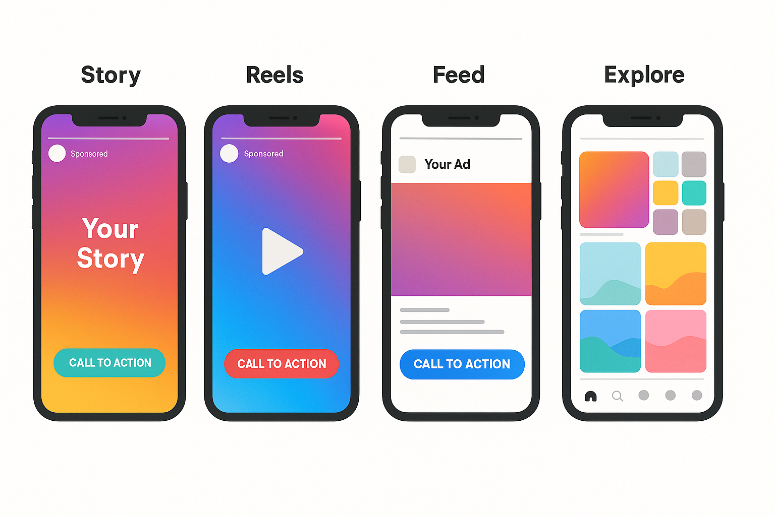 Four Instagram ad mockups—Story, Reels, Feed, and Explore—displayed on phones, each with distinct layout and “Learn More” call-to-action button