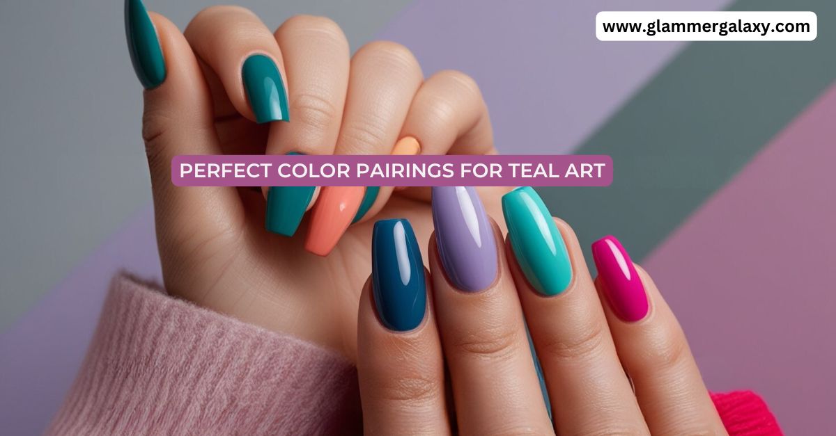 Multicolored manicured nails displayed against a pastel background with text overlay.