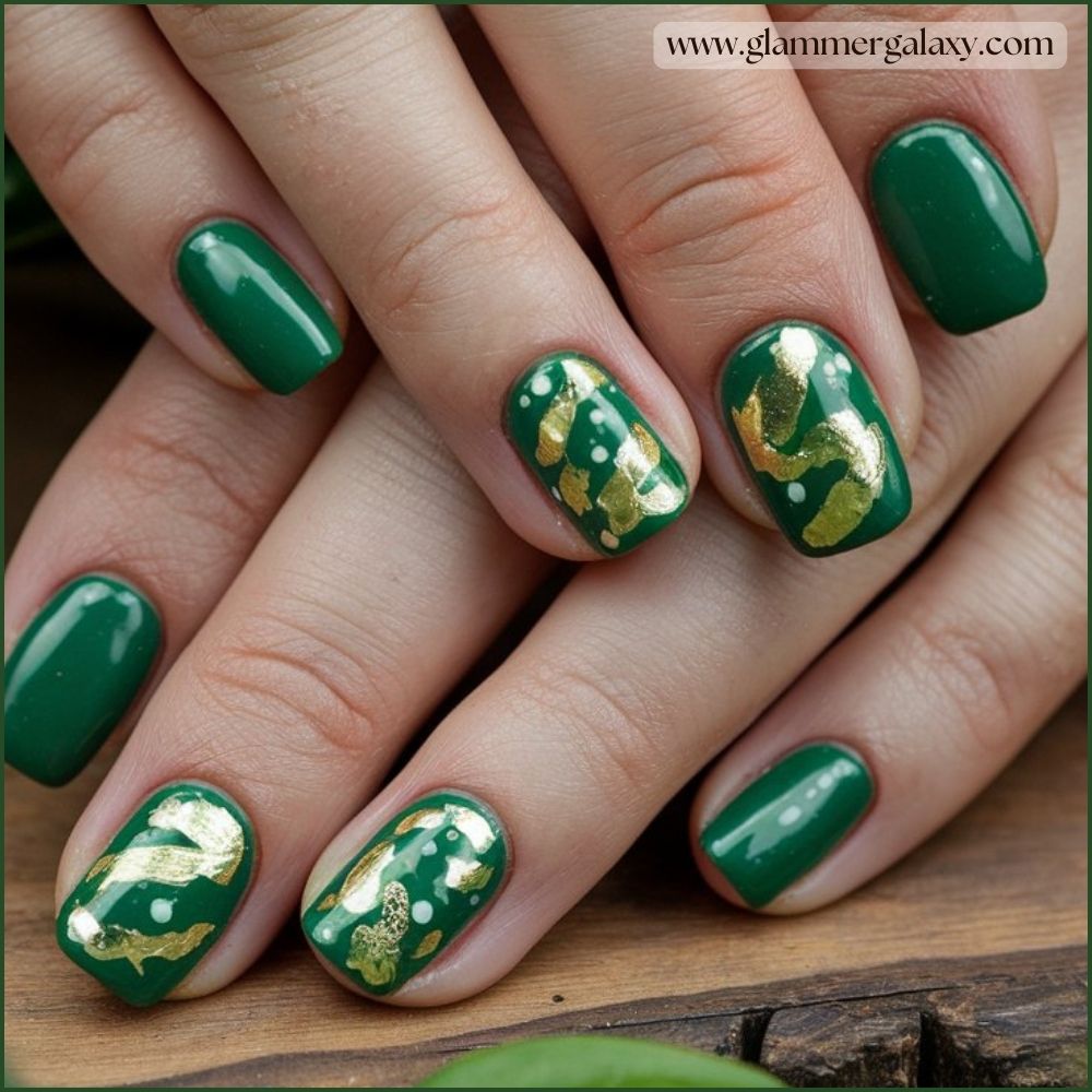 Close up of green fall nails Adding a Gold Foil Accent