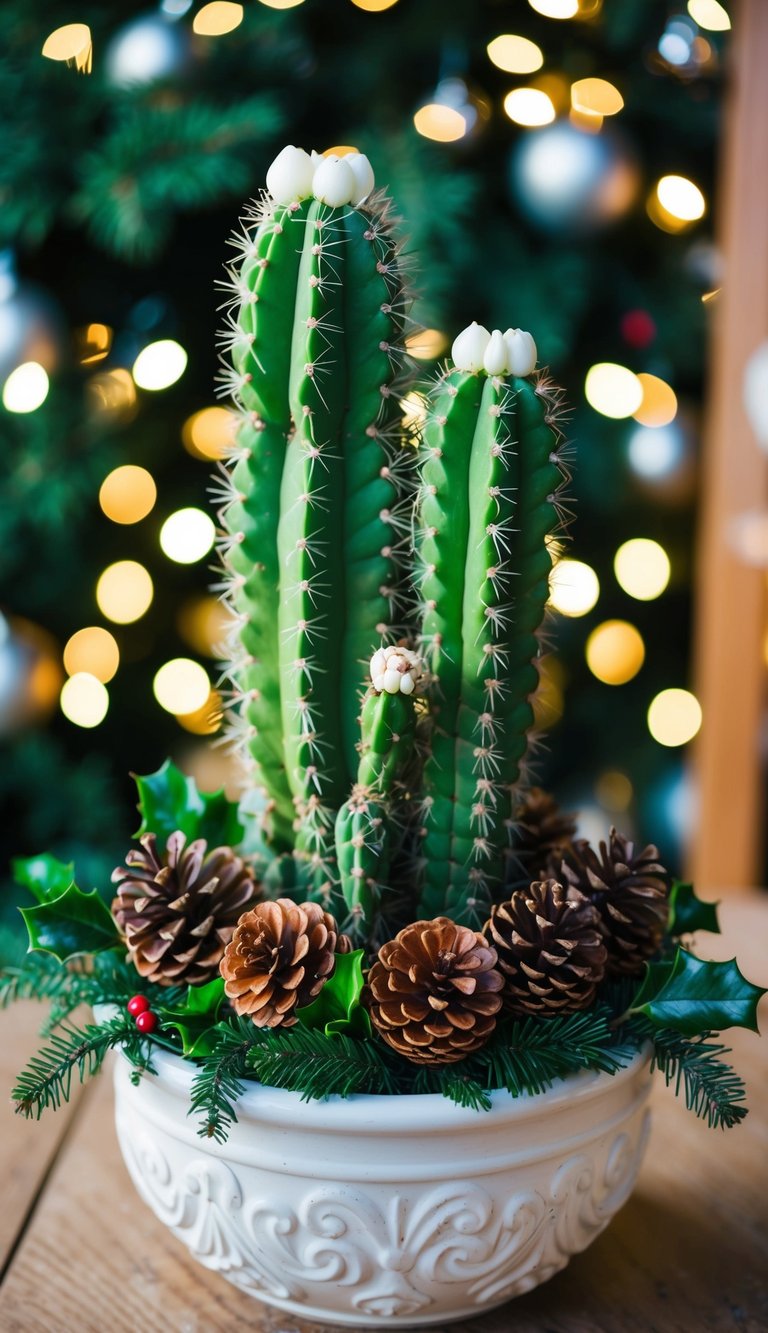 A Christmas cactus nestled among pinecones, holly, and twinkling lights in a winter-themed planter