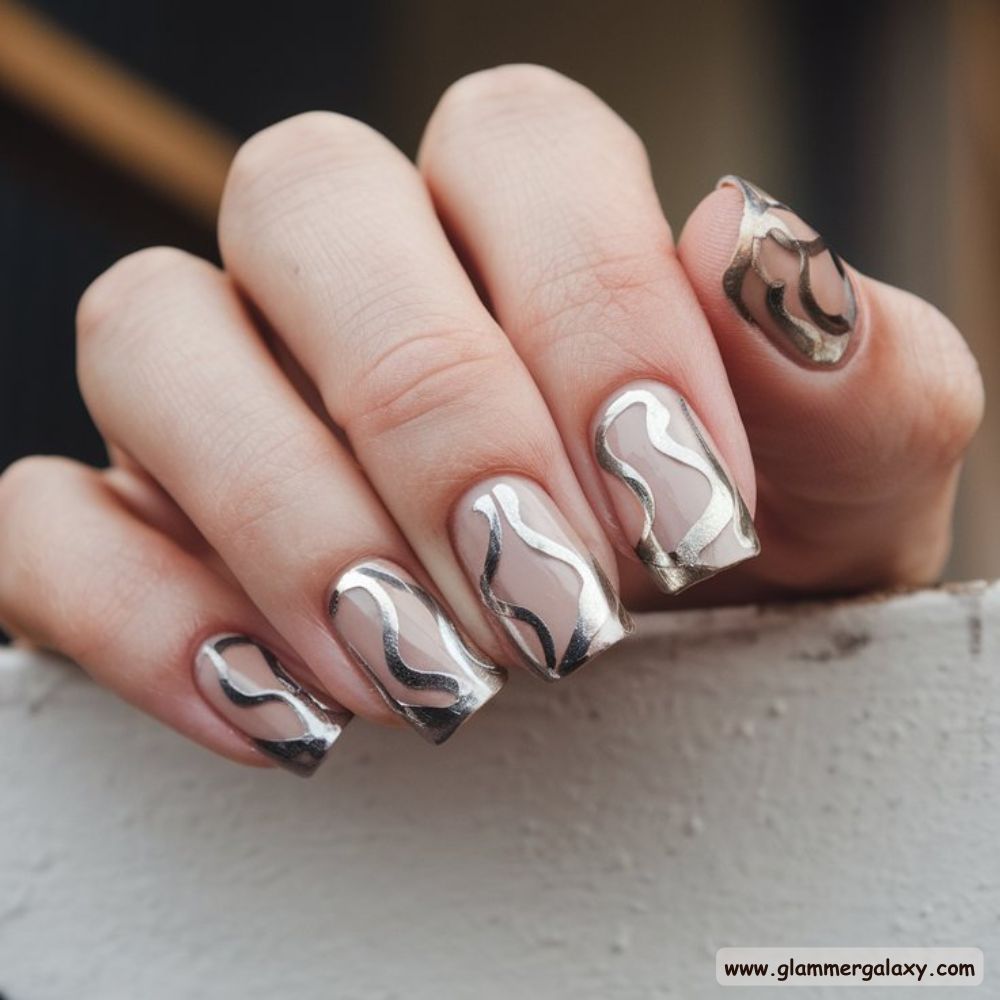 Neutral Fall Nails having Metallic Wavy Tips Nail Art
