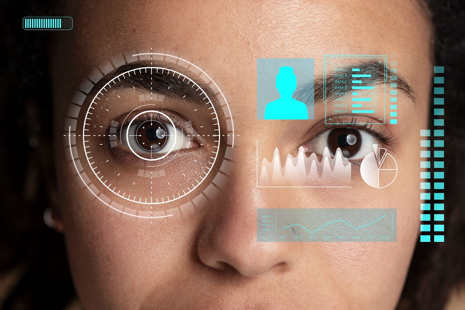 Young woman's face with biometric recognition interface overlay