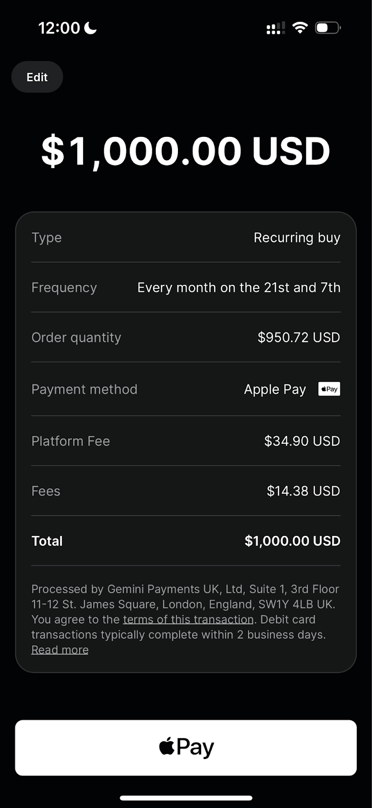 Making an instant purchase on the Gemini mobile app, using Apple Pay.