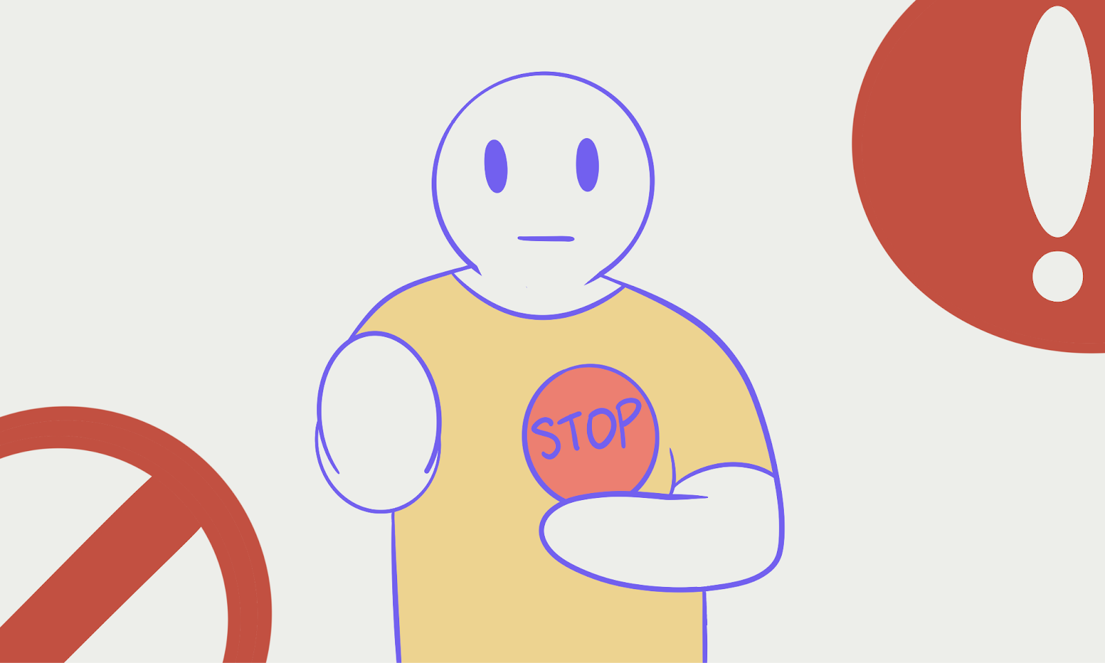 Alt; A cartoon figure holding a STOP sign, surrounded by red warning symbols.