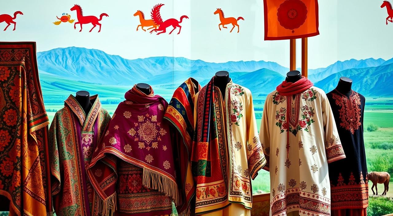 "Intricate Pashtun attire displayed in a vibrant setting, featuring colorful shawls, embroidered tunics, and traditional accessories, with rich textures and patterns, surrounded by cultural motifs and scenic landscapes."