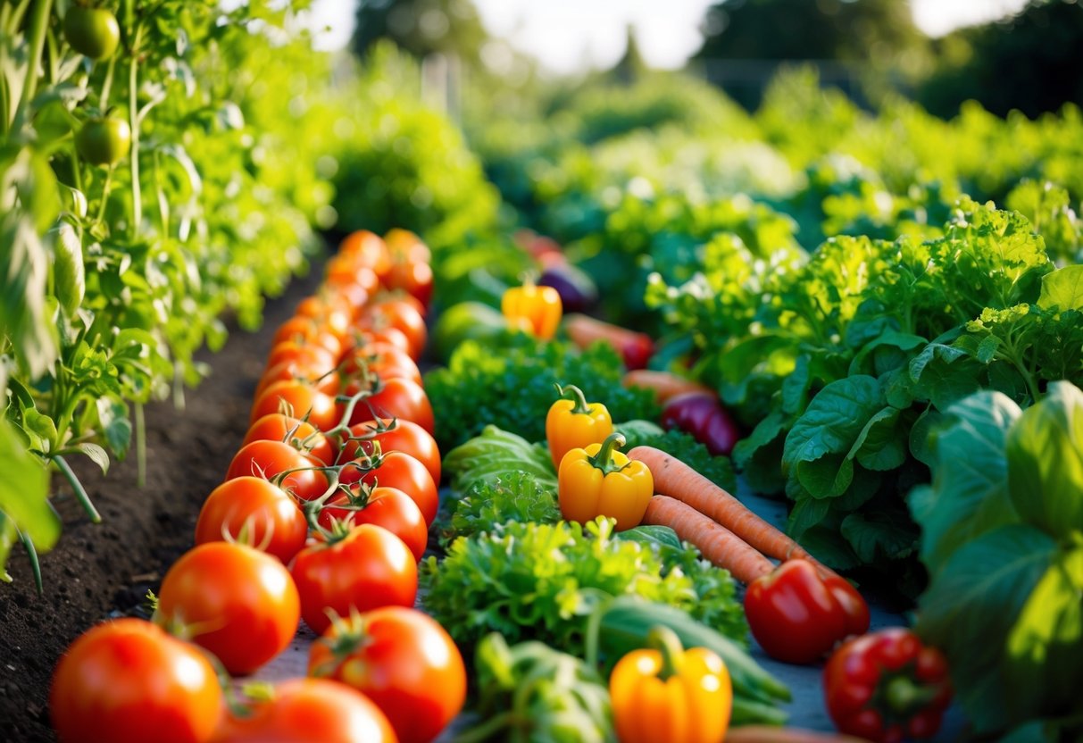 A lush garden with neatly arranged rows of various vegetables, including tomatoes, carrots, lettuce, and bell peppers, all thriving in the warm sunlight