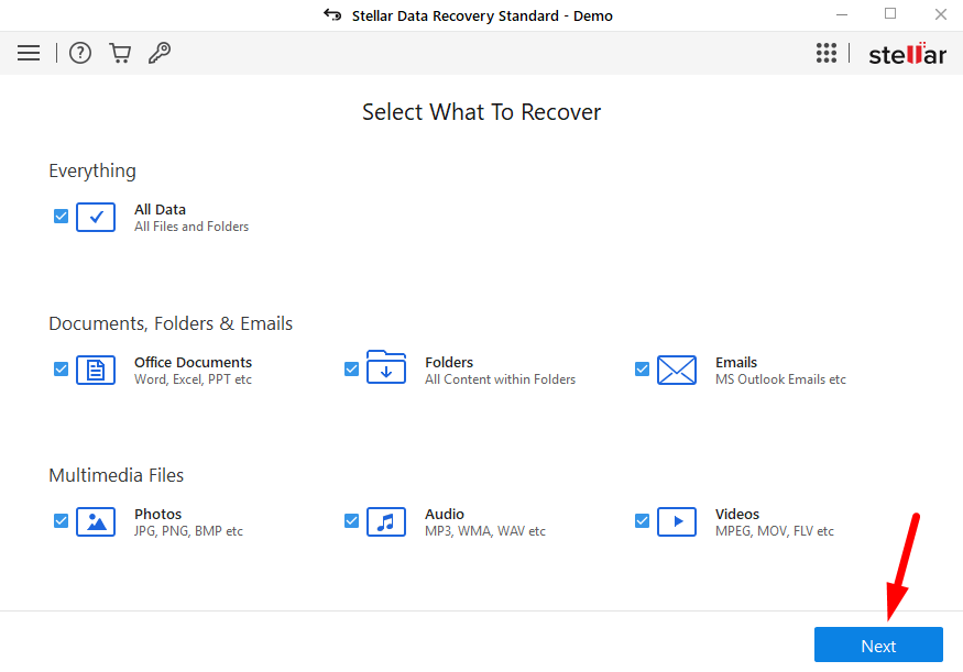 select what to recover on stellar data recovery