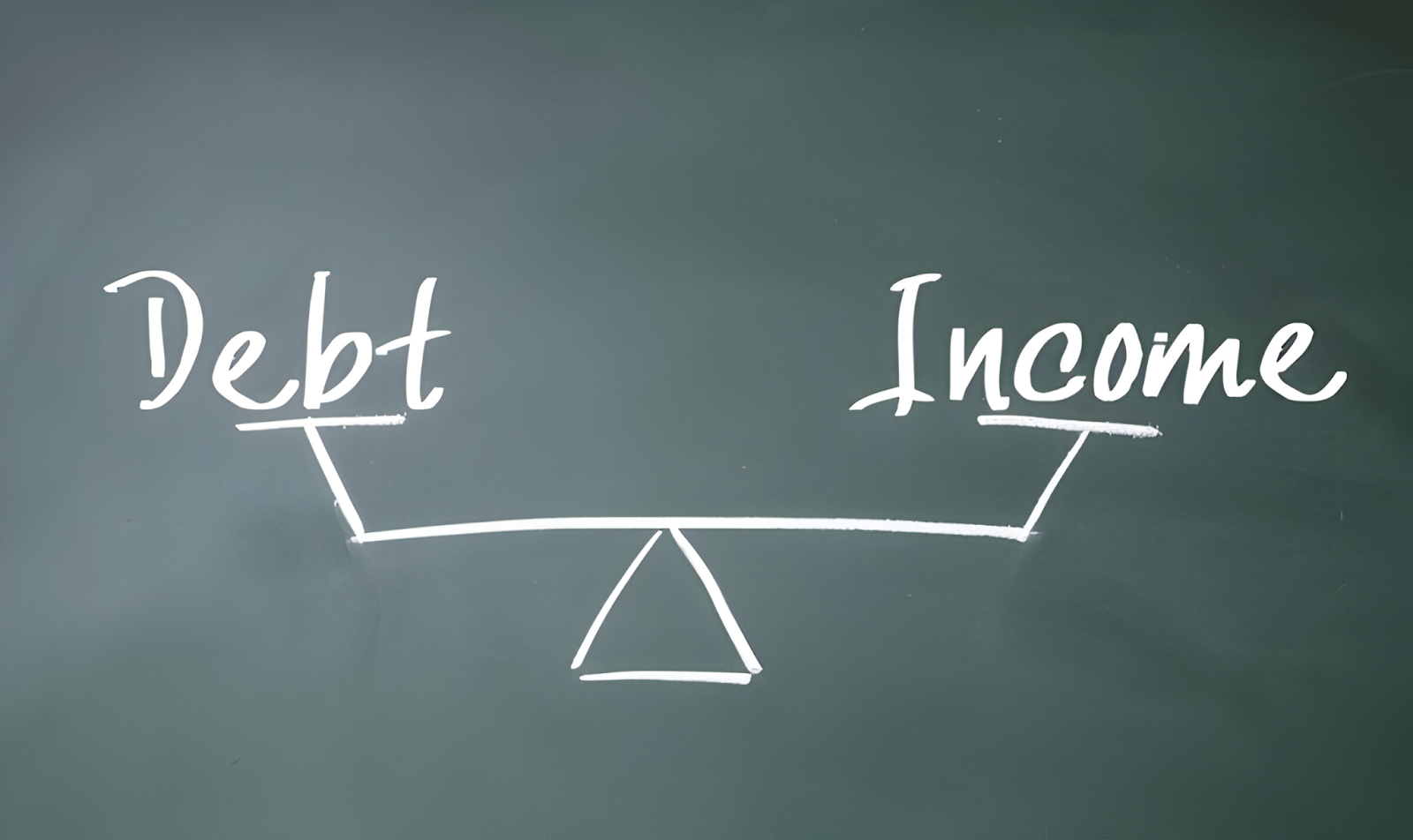 Chalkboard drawing of a balance scale with debt and income on opposite sides, illustrating the relationship between debits, credits, and the general ledger