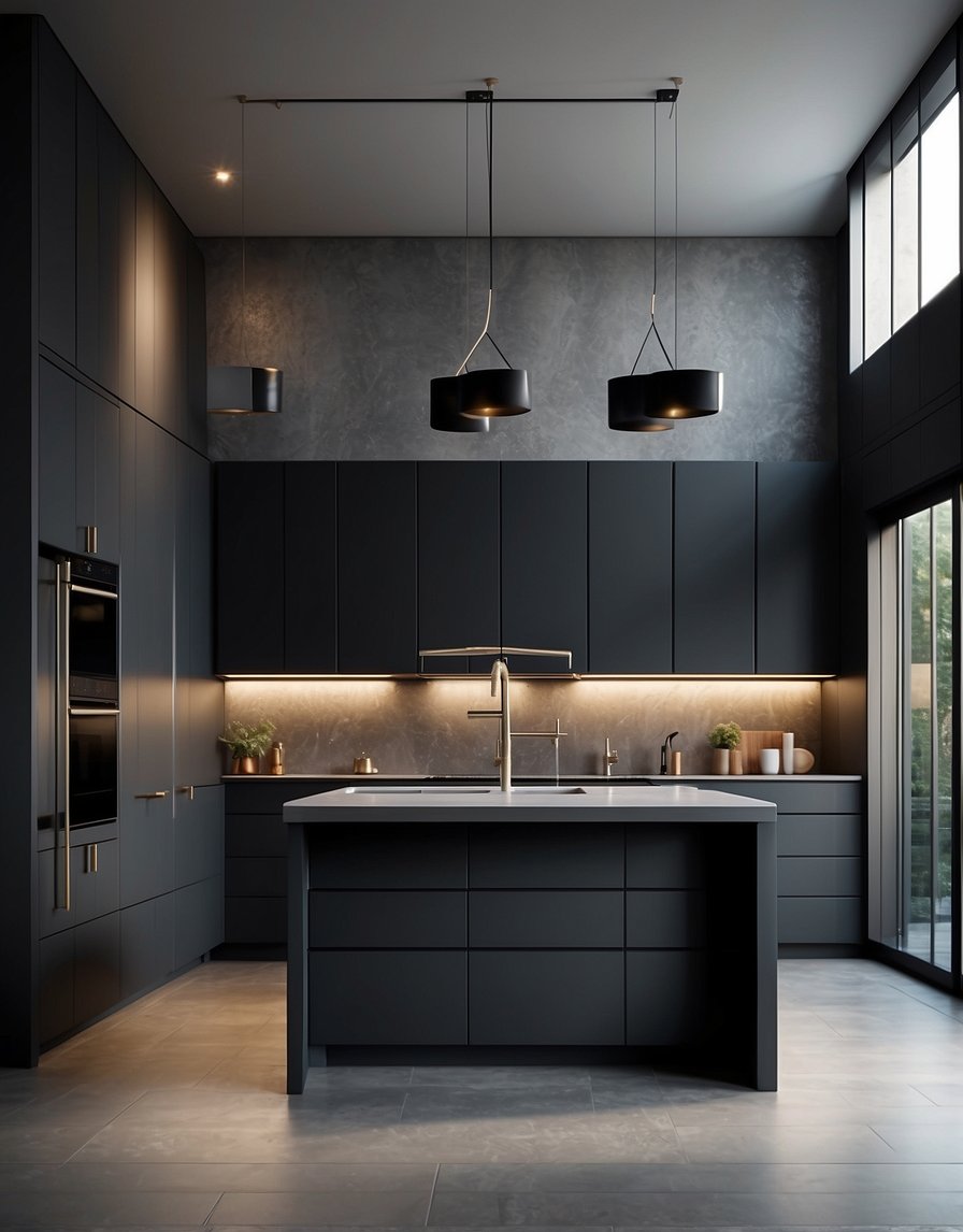 A sleek, modern kitchen with dark gray velvet shadow 32 cabinets. Clean lines, stainless steel appliances, and soft lighting create a sophisticated atmosphere