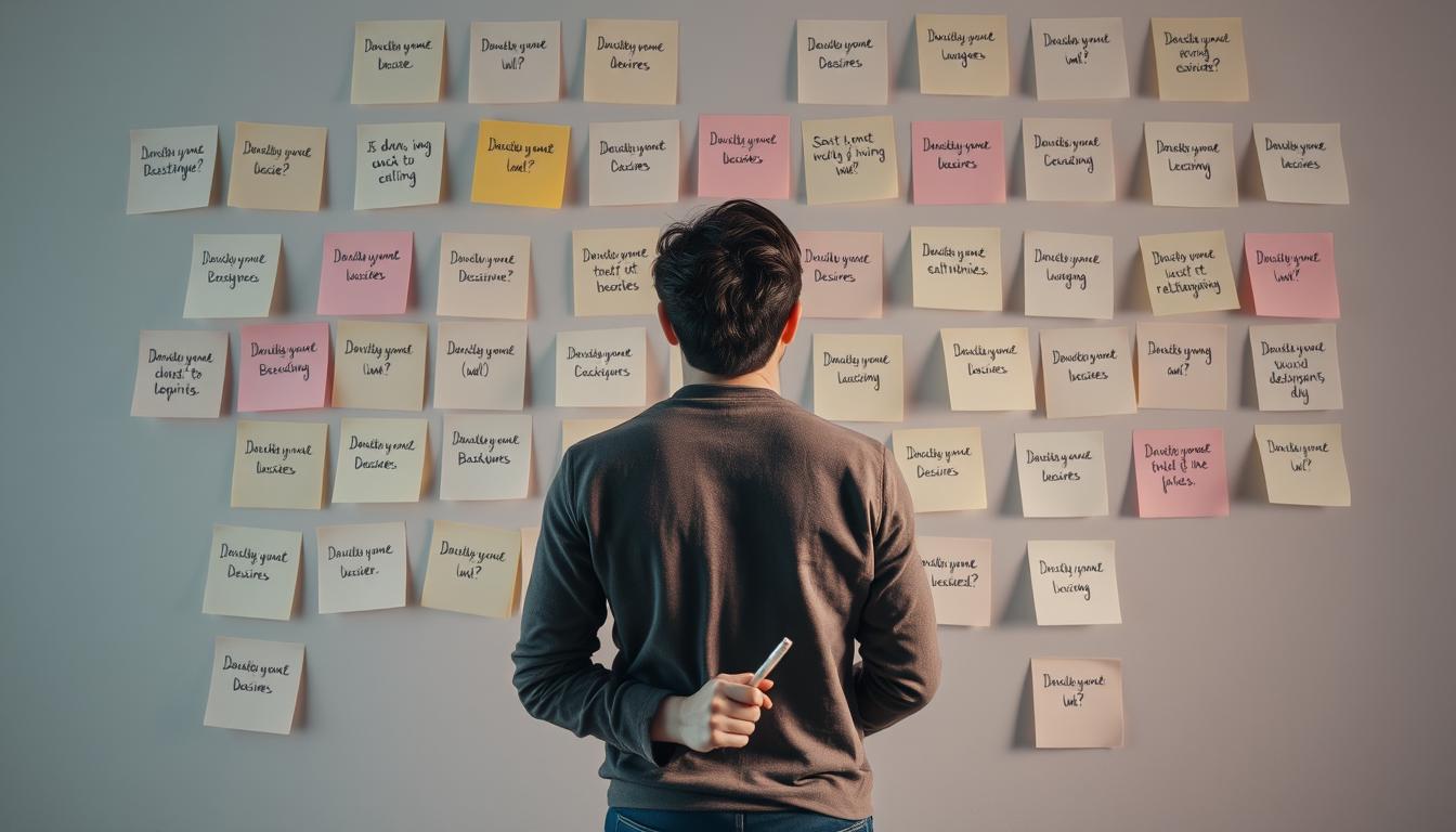 An image of a person standing in front of a wall covered in sticky notes with different relationship desires written on them. The person should be holding a pen and looking contemplative, as if trying to decide which desires are most important to them. The overall mood of the image should be hopeful and optimistic, conveying the idea that it's possible to manifest one's dream relationship by getting clear on what they truly want.