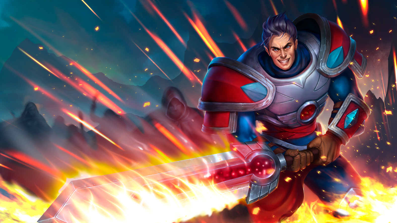 A male Hero Wars character in grey, blue and red armour, swinging a flaming sword. 