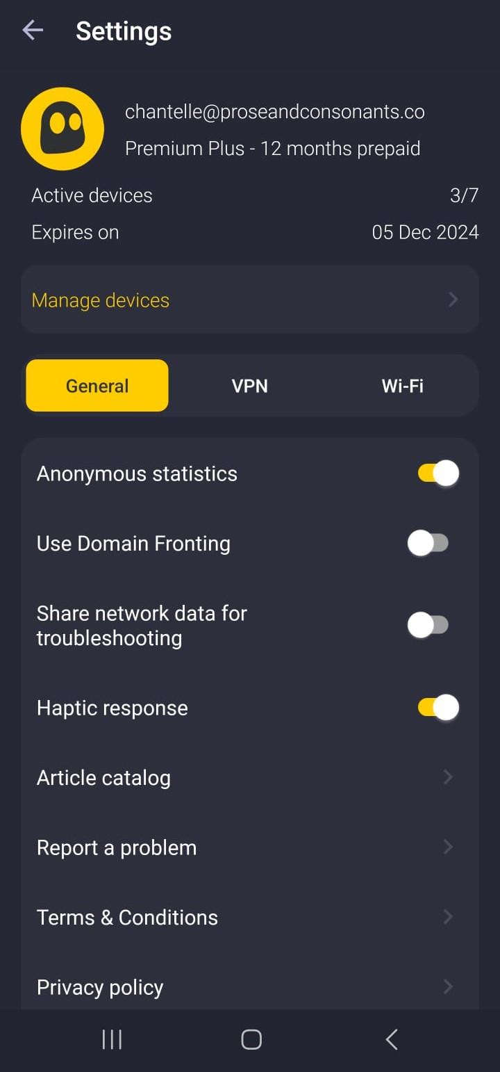 CyberGhost's Android VPN app settings