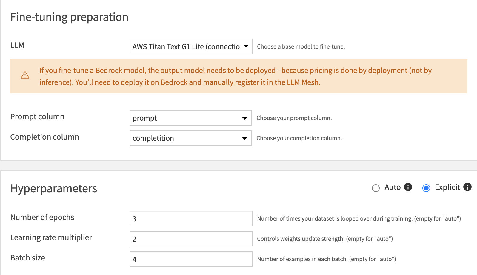 Dataiku fine-tuning recipe configuration