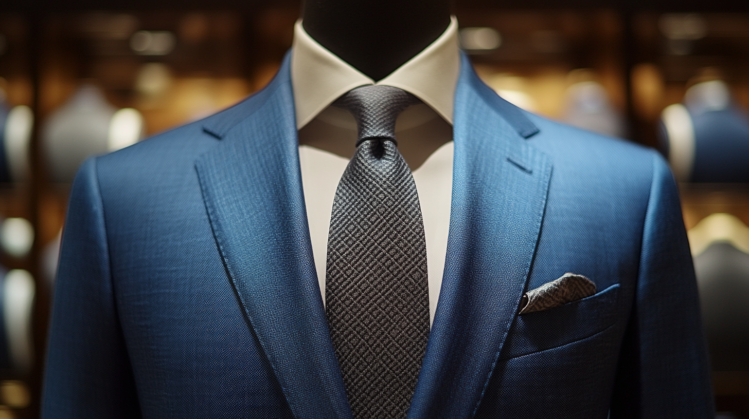 A mannequin dressed in a blue suit with a sleek gray tie. The gray tie creates a cool, understated look, perfect for formal events. Soft lighting emphasizes the smooth fabric and subtle sheen, giving the tie a polished and professional appearance.