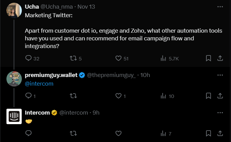 Intercom's Twitter/X interaction with a follower