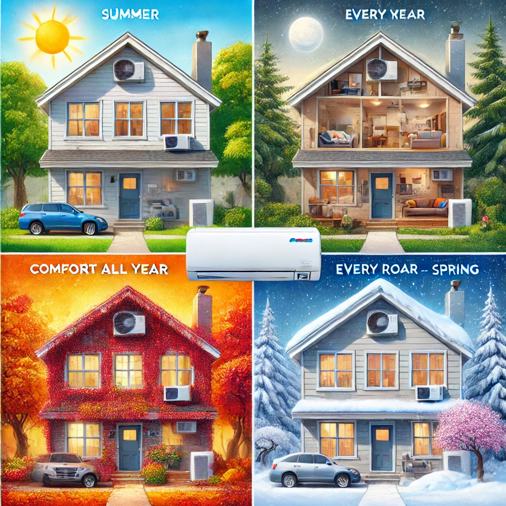 Four-season depiction of a home using a Daikin mini-split across summer, fall, winter, and spring, showcasing consistent year-round comfort.