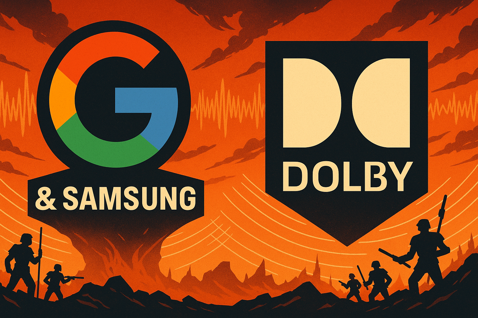 Two giant logos (Google/Samsung vs. Dolby) illustrated as opposing forces or sci-fi factions, set against a stylized battlefield with soundwaves or frequency graphs in the background.