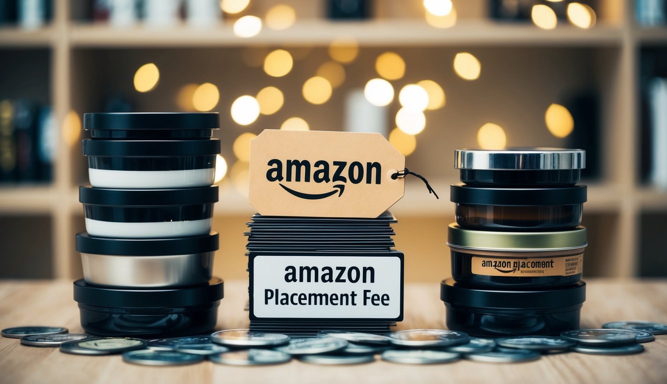 A stack of various products surrounded by a price tag and a labeled "Amazon placement fee" sign