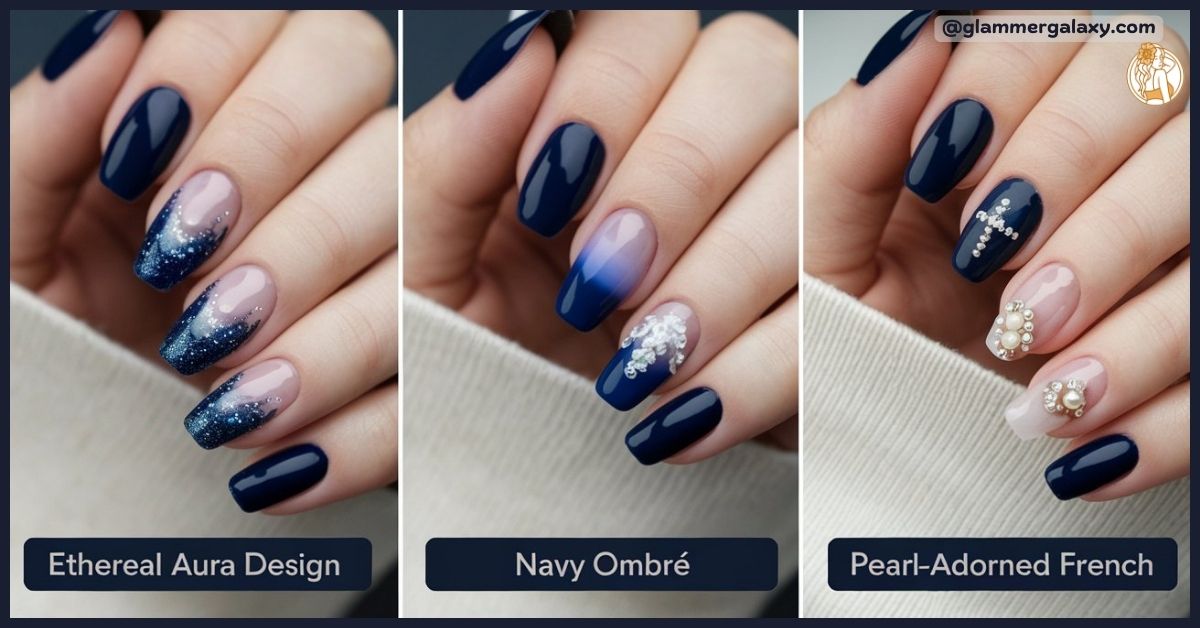 Three Navy blue nail designs "Ethereal Aura Design, Navy Ombre and Real Adorned French" are shown