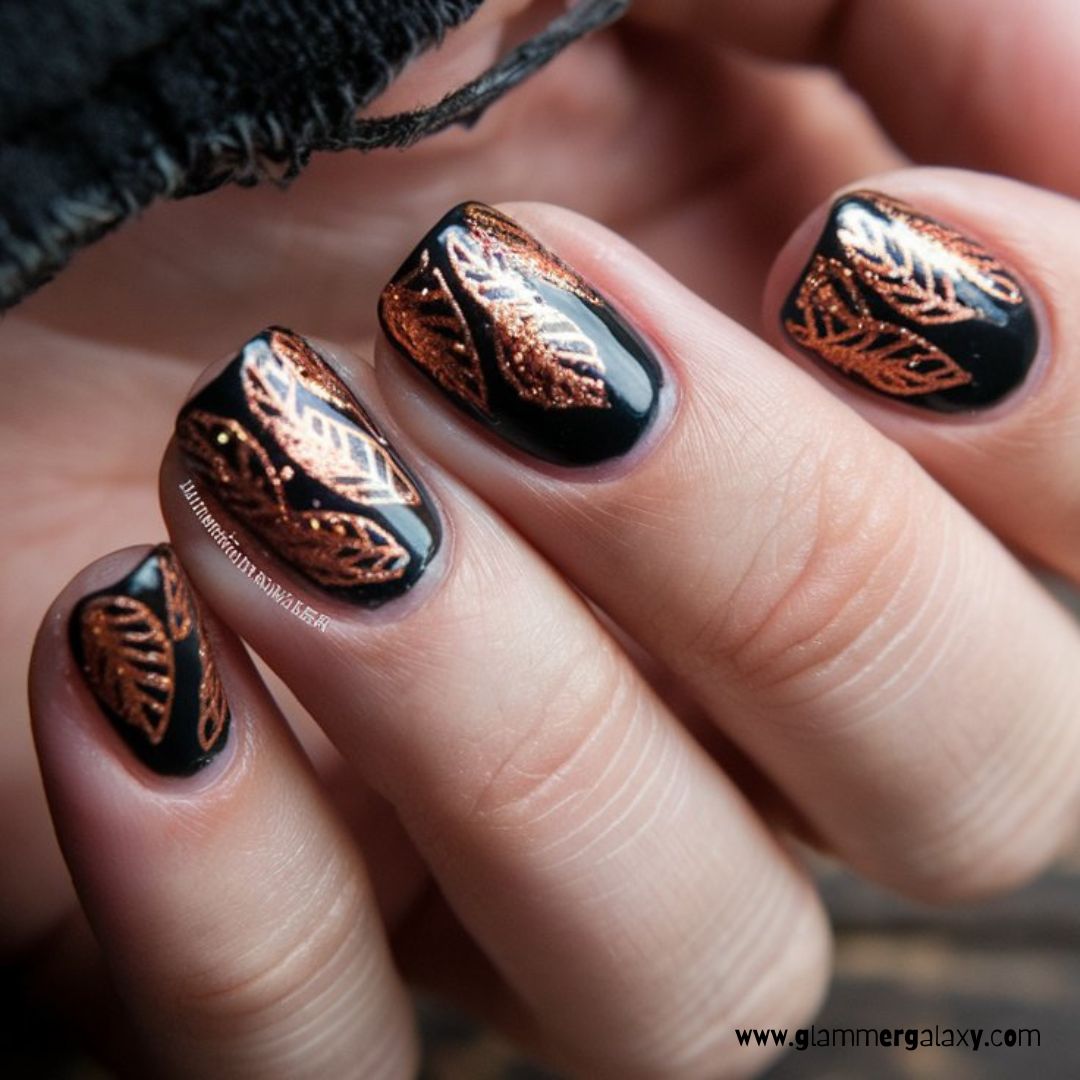 Black and Rose Gold Nail Designs having Autumn-Inspired Black and Copper Nails
