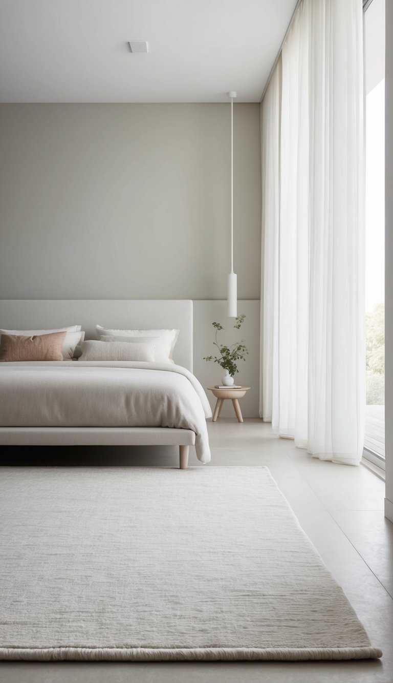 A soft area rug lies in a minimalist bedroom with clean lines and muted colors