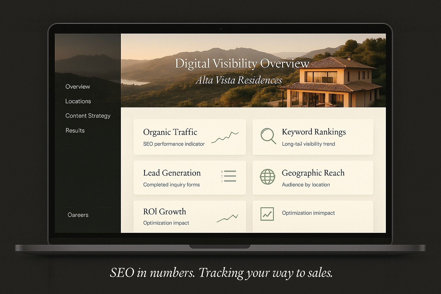  Laptop screen showing a stylized SEO performance dashboard for Alta Vista Residences. Features modules for organic traffic, keyword rankings, geographic reach, and ROI — visualizing the benefits of SEO for real estate investors