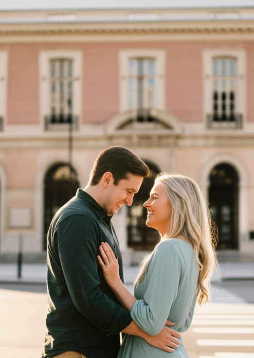 A smiling couple portrait with a building background