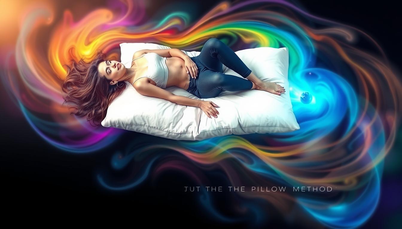 A person lying peacefully on a fluffy white pillow, surrounded by colorful swirling energy. The energy represents their desires and dreams, manifesting quickly and effortlessly thanks to the power of the Pillow Method.