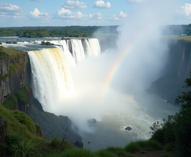 Capture the power and beauty of Victoria Falls, the world's largest waterfall, with its roaring cascades and misty spray. A stunning natural wonder that borders Zimbabwe and Zambia, perfect for adventure seekers. Keywords: Victoria Falls, waterfall, Africa, natural wonder, travel photography.