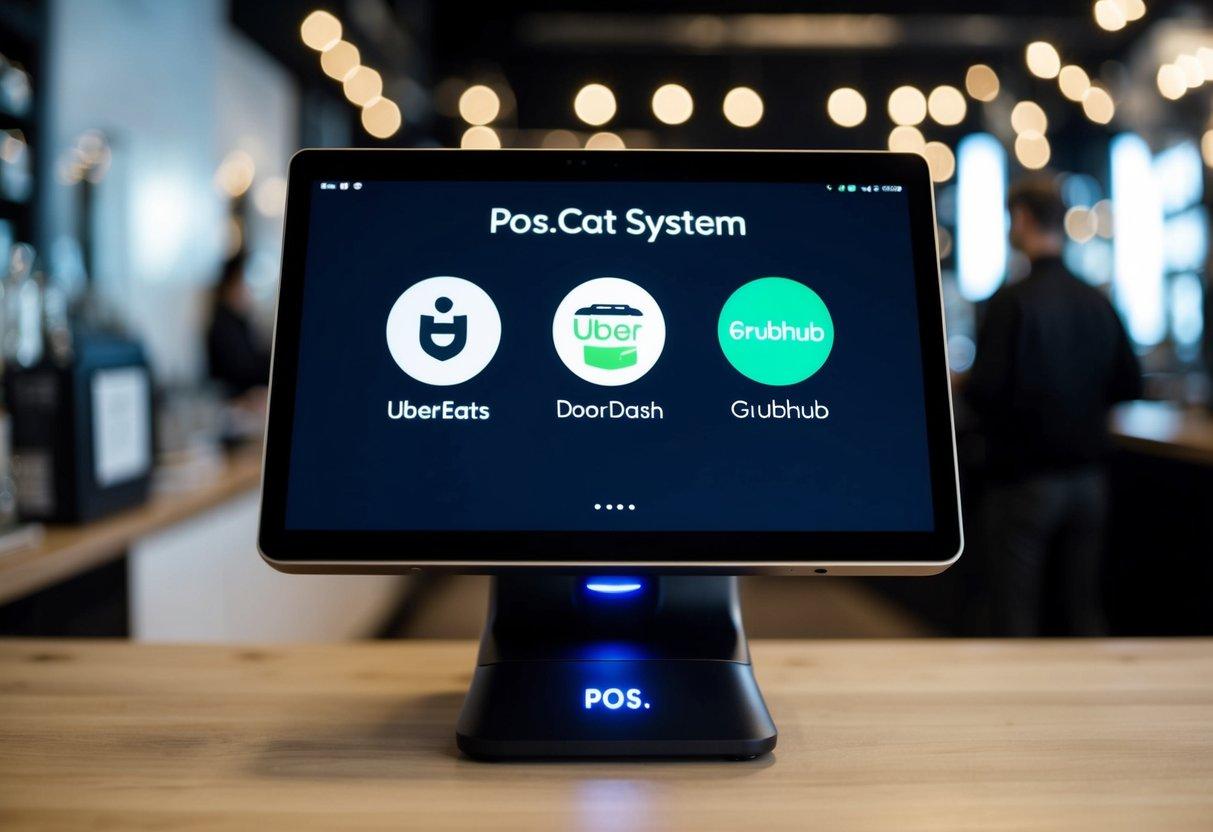 The POS.cat system screen displays icons for UberEats, DoorDash, and Grubhub integration