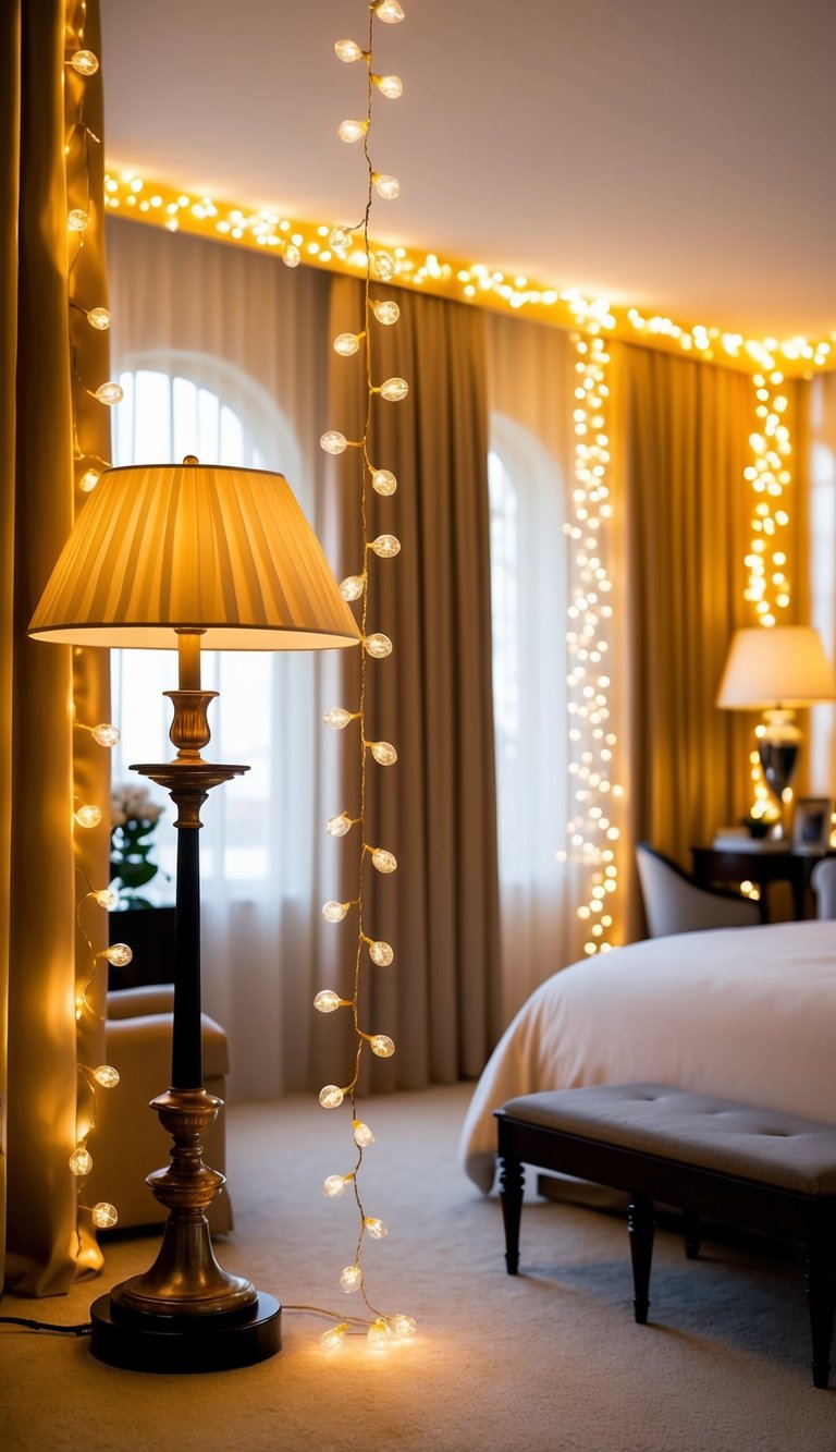 Soft, warm light spills from elegant lamps and twinkling fairy lights, casting a romantic glow over luxurious master bedrooms designed for couples