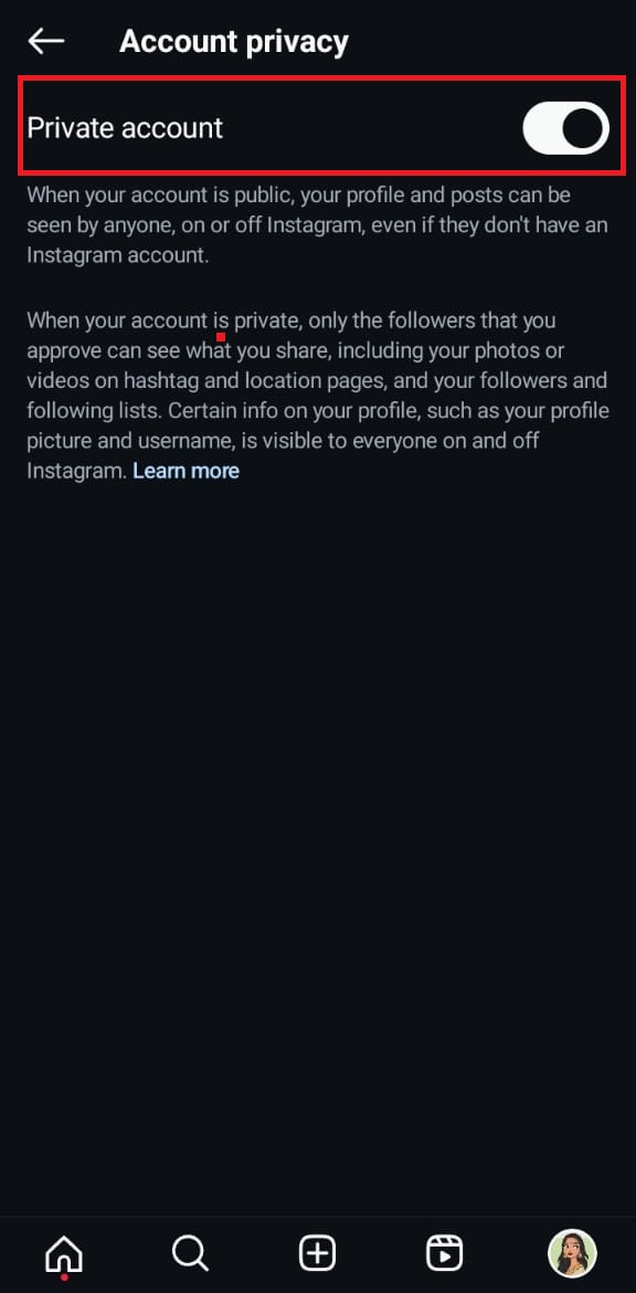 toggle on the button for private account